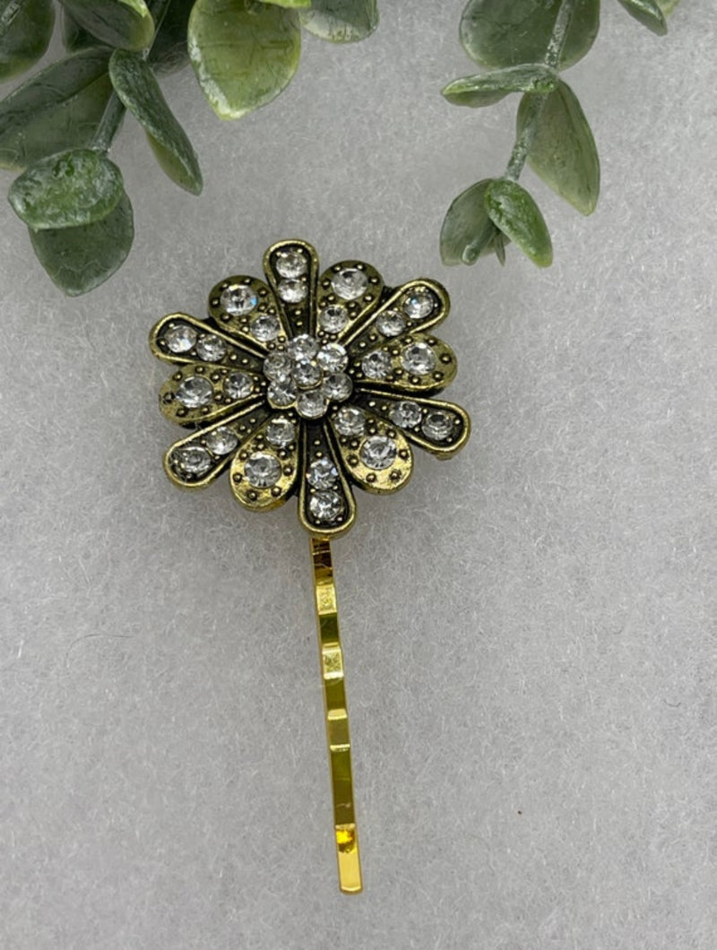 Gold crystal vintage antique style hair pin approximately 2.5” long Handmade hair accessory bridal wedding Retro