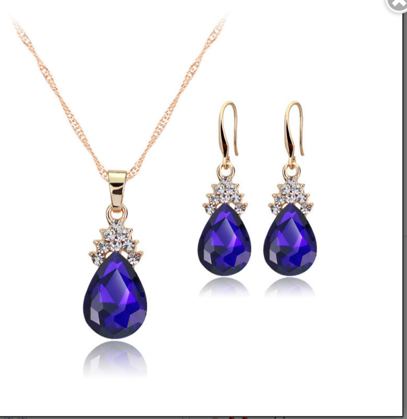 Blue sapphire crystal teardrop gold necklace earrings set