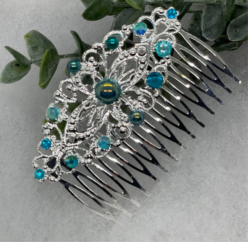 Teal iridescent crystal rhinestone pearl vintage style  side comb hair accessories gift birthday 3.5” Metal side Comb