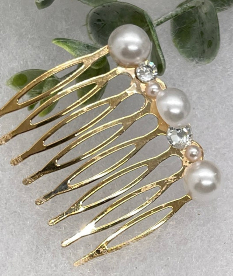 White  faux Pearl crystal side comb approximately 2.0”long gold metal hair accessory bridal wedding Retro