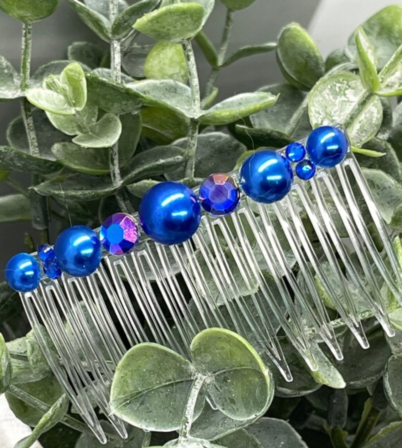 Royal blue faux Pearl crystal side comb approximately 3.5” long plastic hair accessory bridal wedding Retro