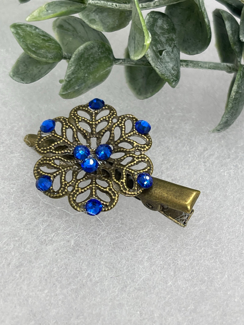 Blue crystal rhinestone  flower 2.0” alligator lip  Antique vintage style bridal Wedding shower sweet 16 birthday princess bridesmaid hair accessory