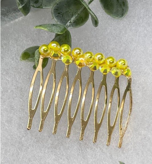 Yellow Crystal rhinestone hair comb accessory side  Comb 2.0” Metal side Comb