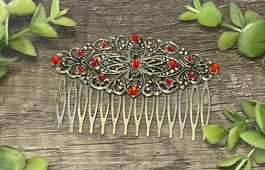 Ruby Red crystal rhinestone Comb on 3.5” antique Metal Hair Comb accessory Handmade Retro Bridal Prom