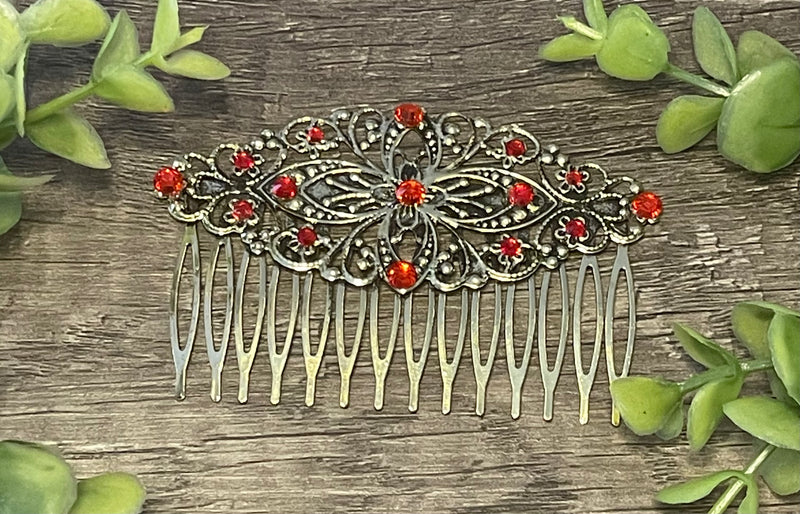 Ruby Red crystal rhinestone Comb on 3.5” antique Metal Hair Comb accessory Handmade Retro Bridal Prom