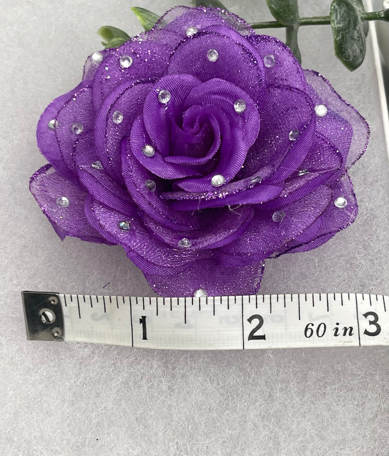 Purple Rose flower crystal rhinestone embellished alligator clip approximately 3.0” formal hair accessory wedding bridal engagement princess bridesmaid