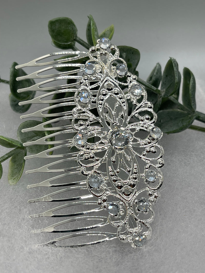 Clear crystal rhinestone 3.5” Silver side comb Antique vintage style bridal Wedding shower sweet 16 birthday princess bridesmaid hair accessory