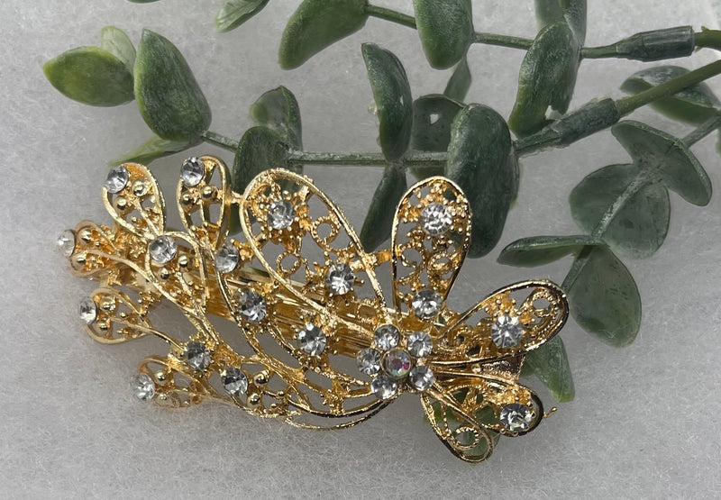 Elegant flower Clear  Crystal Rhinestone Barrette approximately 3.0”Metal gold  tone formal hair accessory gift wedding bridal shower accessories