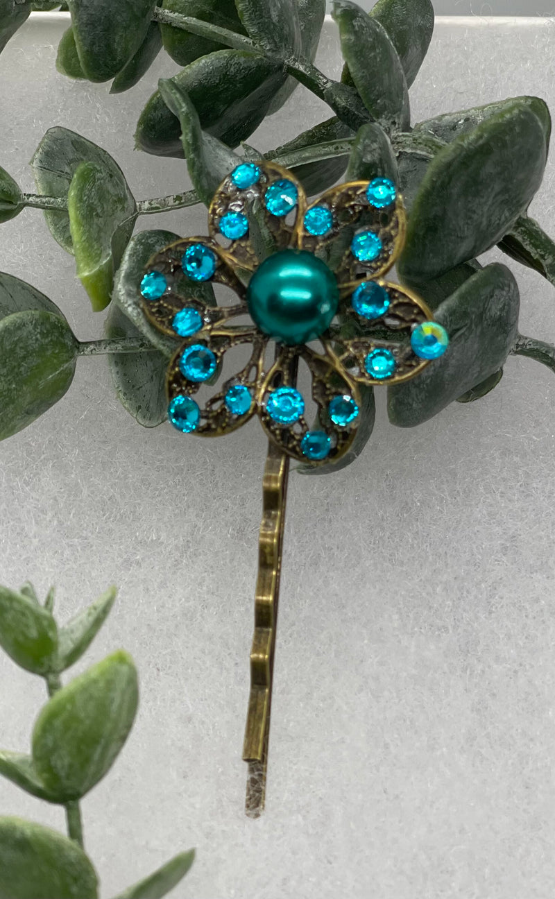 Teal Pearl Antique vintage Style 3.0” flower hair pin wedding engagement bride princess formal hair accessory accessories