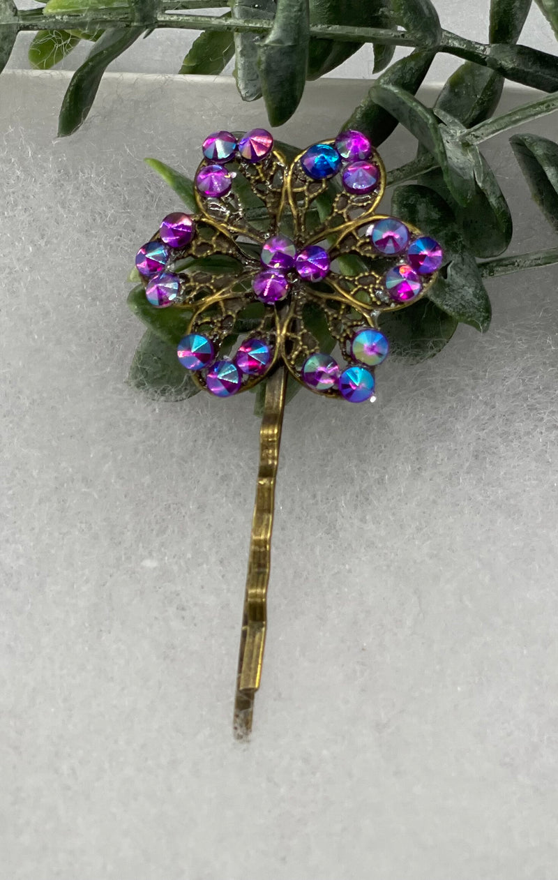 Purple Rainbow crystal Antique vintage Style approximately 3.0” flower hair pin wedding engagement bride princess formal hair accessories