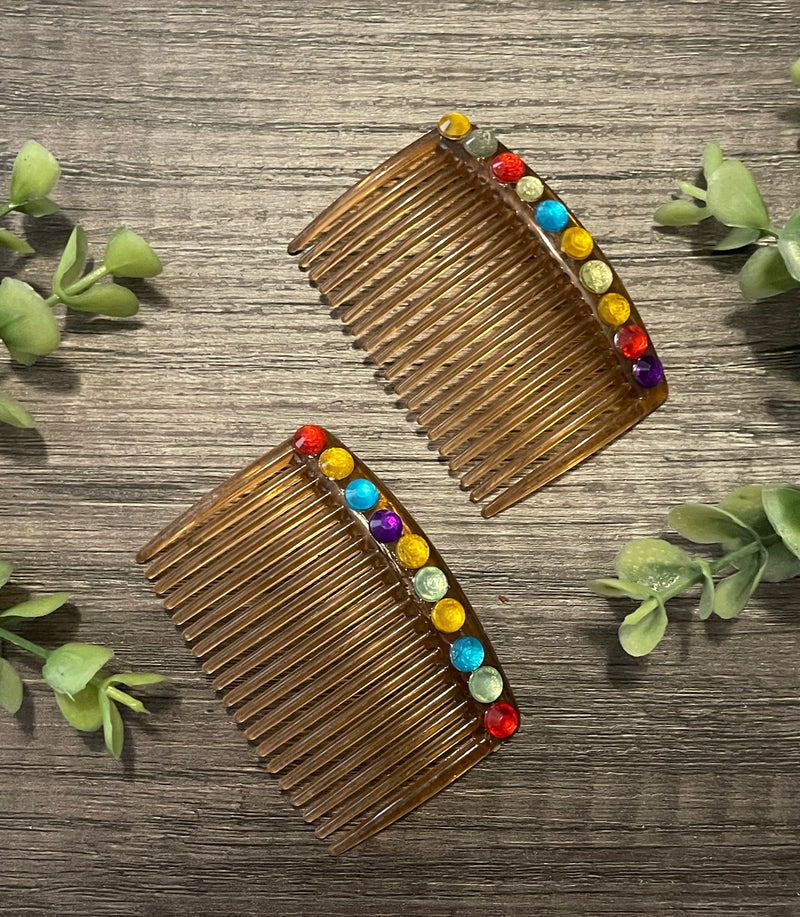 Rainbow crystal faux rhinestone 3.5” brown plastic side comb hair accessory bridal wedding Retro Bridal Party Prom Birthday gifts