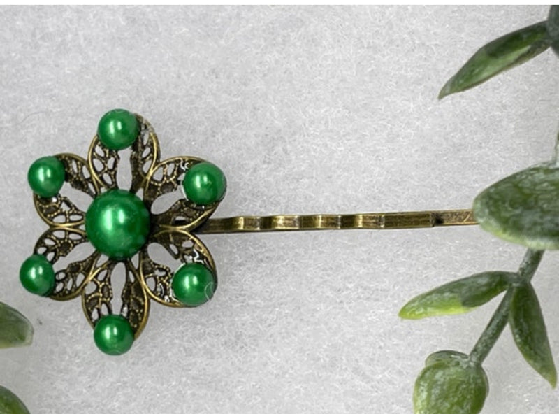 Emerald Green pearl vintage antique style hair pin approximately 2.5” long Handmade hair accessory bridal wedding Retro