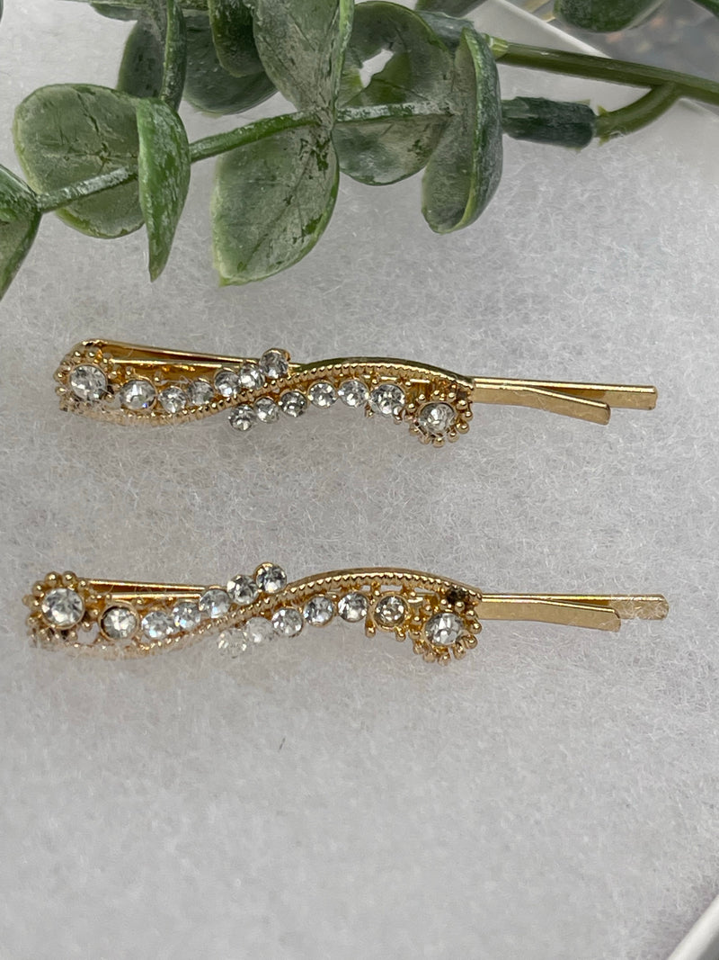 Clear crystal rhinestone approximately 2.0” gold tone hair pins 2 pc set wedding bridal shower engagement formal princess accessory accessories