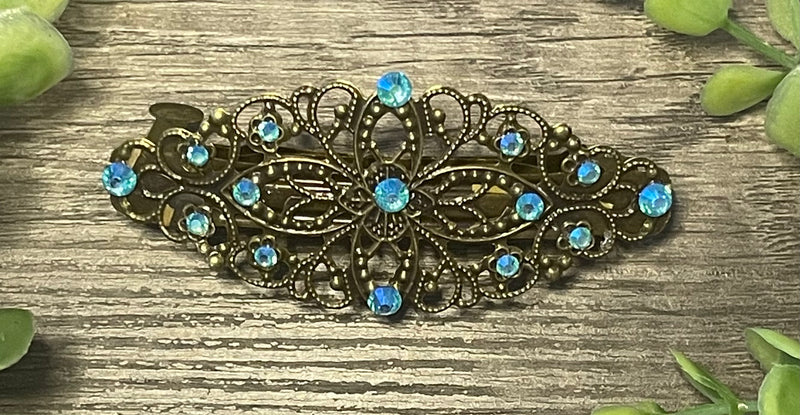 Aqua crystal barrette Vintage Style 3.5”antique tone Metal bridal wedding shower birthday princess prom gift accessories