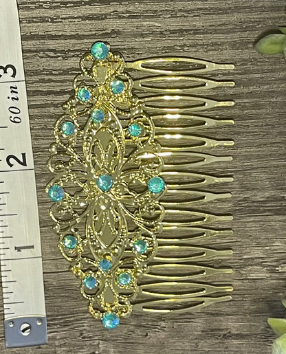 Aqua crystal rhinestone Comb on 3.5” antique Metal Hair Comb accessory Handmade Retro Bridal Prom birthday