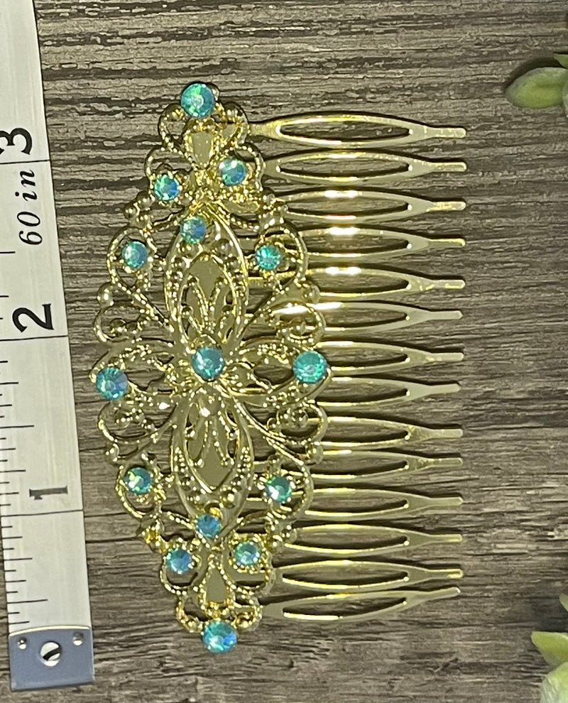 Aqua crystal rhinestone Comb on 3.5” antique Metal Hair Comb accessory Handmade Retro Bridal Prom birthday