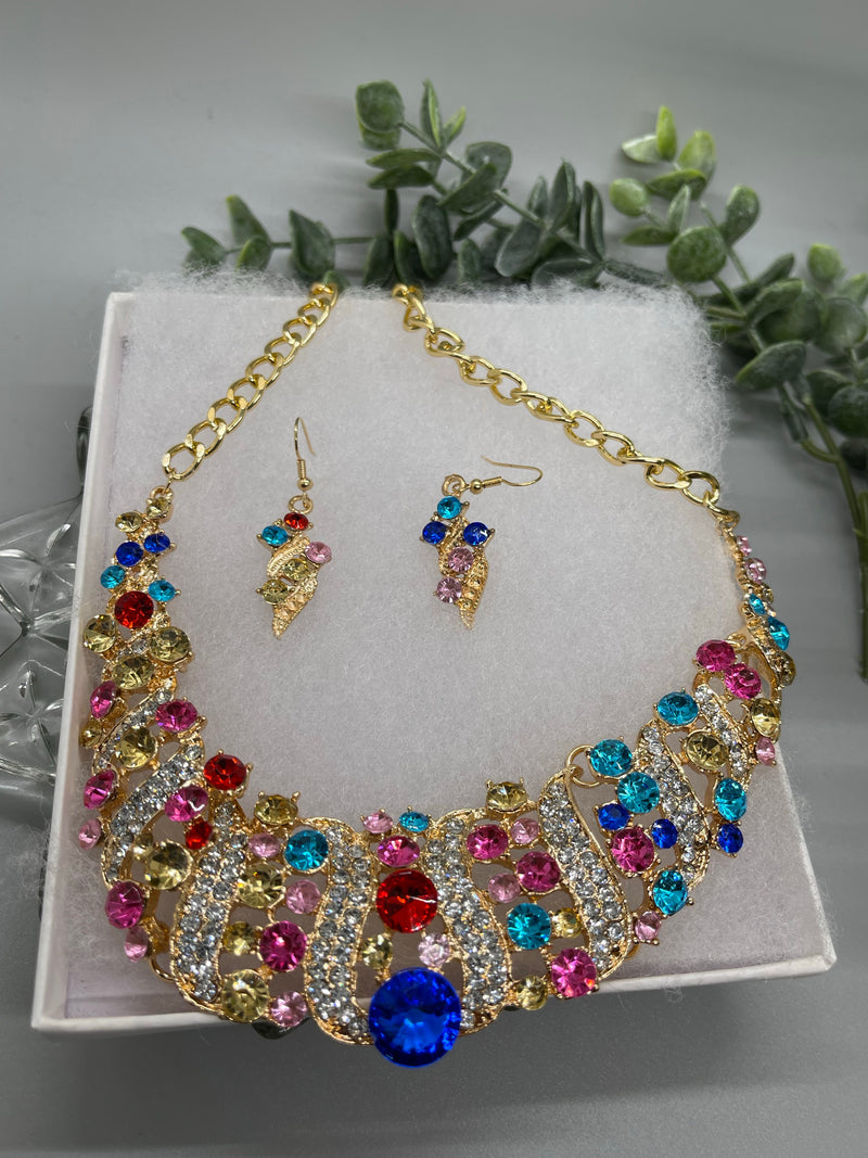 Rainbow Gold Crystal rhinestone necklace earrings set wedding engagement formal accessory