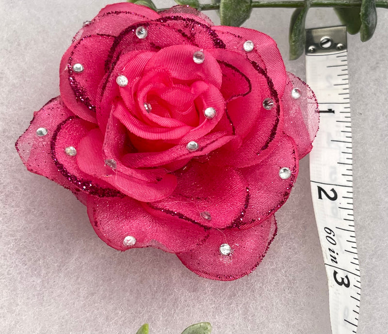 Pink Rose flower crystal rhinestone embellished alligator clip approximately 3.0” formal hair accessory wedding bridal