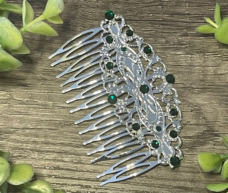 Emerald green crystal rhinestone Comb on 3.5” silver Metal Hair Comb accessory Handmade Retro Bridal Party Prom