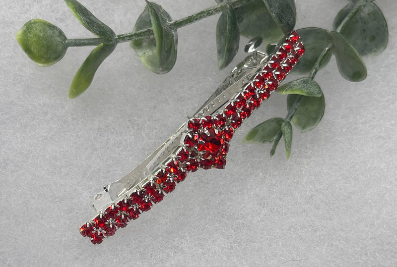 Red Crystal Rhinestone Barrette approximately 3.0”Metal silver tone formal hair accessory gift wedding bridal shower accessories