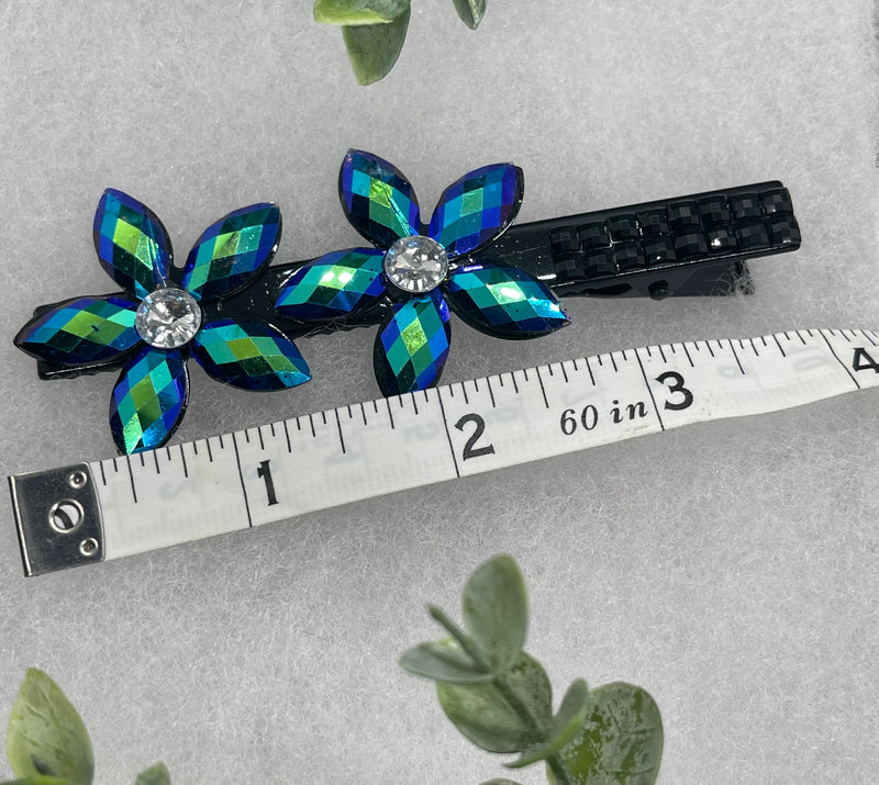 Teal Iridescent Crystal flower hair clip approximately 4.0” black tone formal hair accessory gift wedding bridal engagement