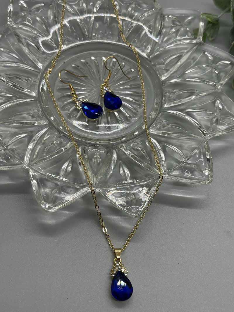 Blue sapphire crystal teardrop gold necklace earrings set