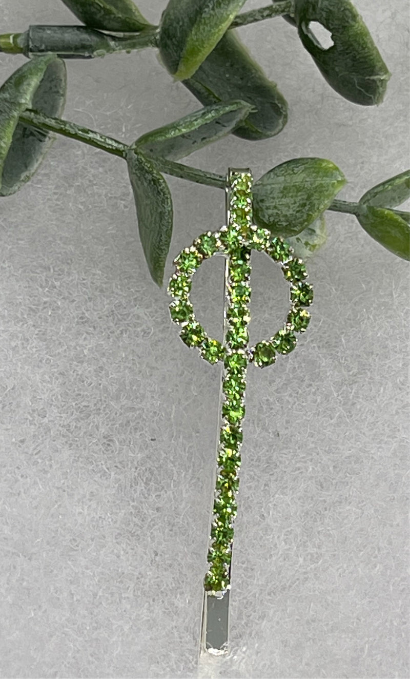 Green Crystal Rhinestone hair pin silver tone approx 2.5” bridesmaid wedding formal princess accessory accessories