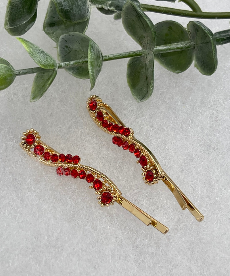 Red crystal rhinestone approximately 2.0” gold tone hair pins 2 pc set wedding bridal shower engagement formal princess accessory accessories