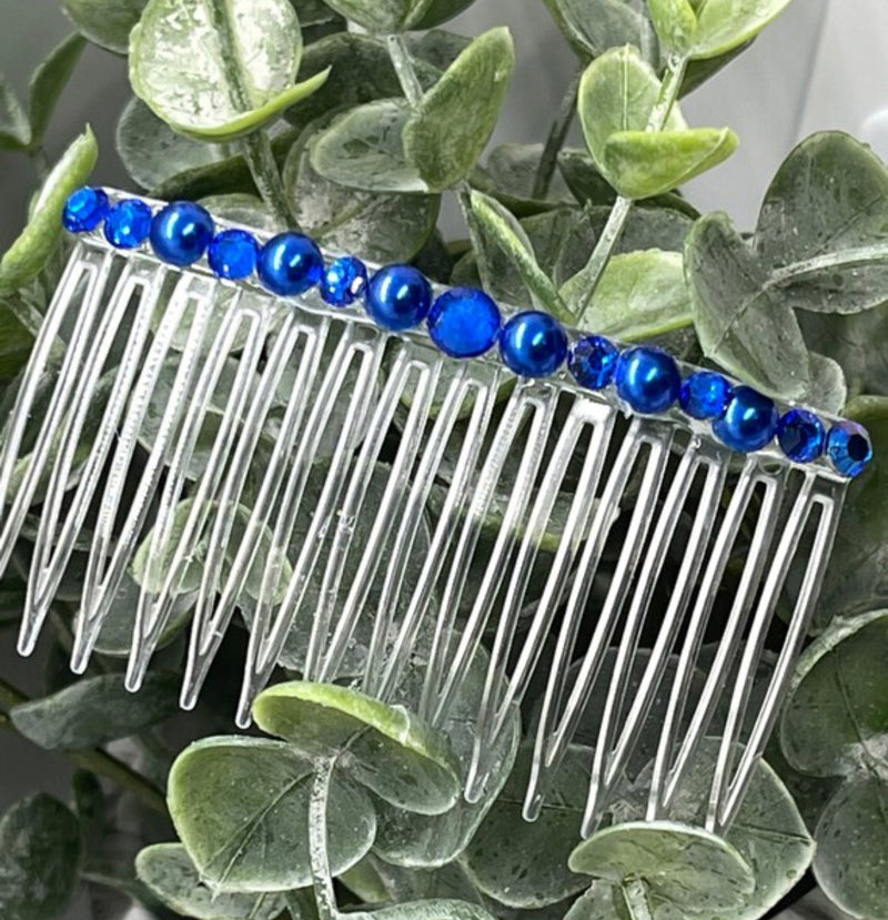 Royal blue faux Pearl crystal side comb approximately 3.5” long plastic hair accessory bridal wedding Retro