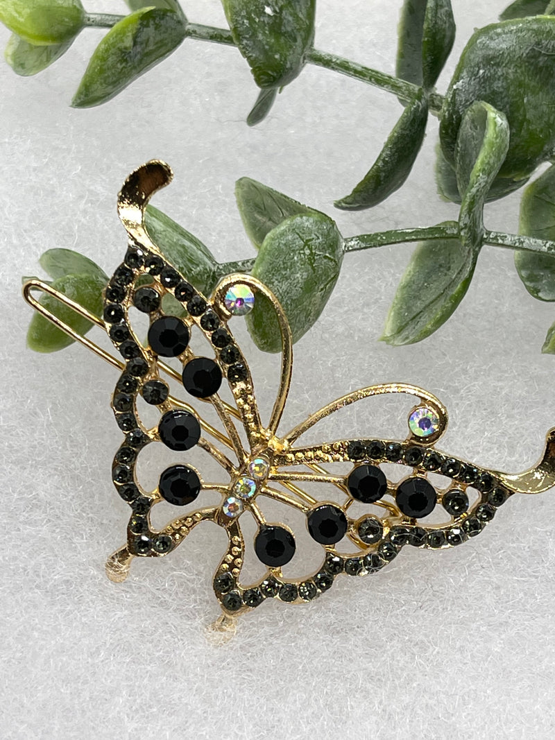 Black gold butterfly Crystal Rhinestone Barrette approximately 3.5”Metal gold tone formal hair accessory