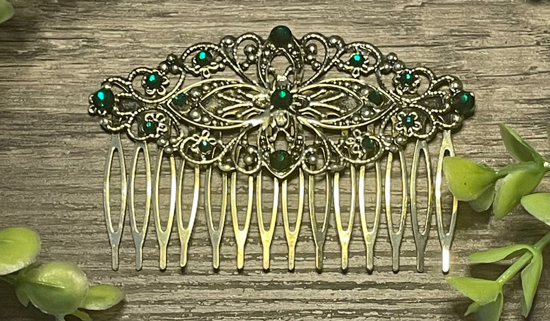 Emerald crystal rhinestone Comb on 3.5” antique Metal Hair Comb accessory Handmade Retro Bridal Prom