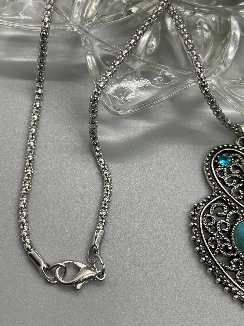 Antique vintage Turquoise hearts silver necklace earrings set