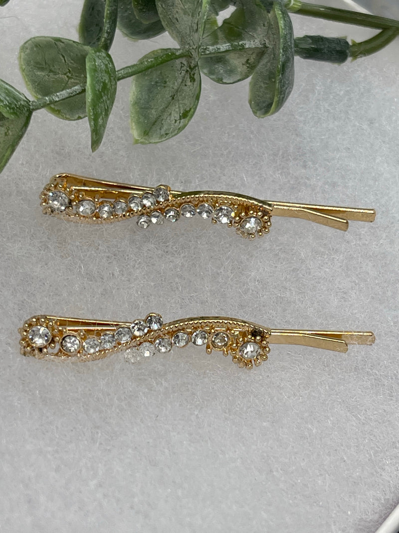 Clear crystal rhinestone approximately 2.0” gold tone hair pins 2 pc set wedding bridal shower engagement formal princess accessory accessories