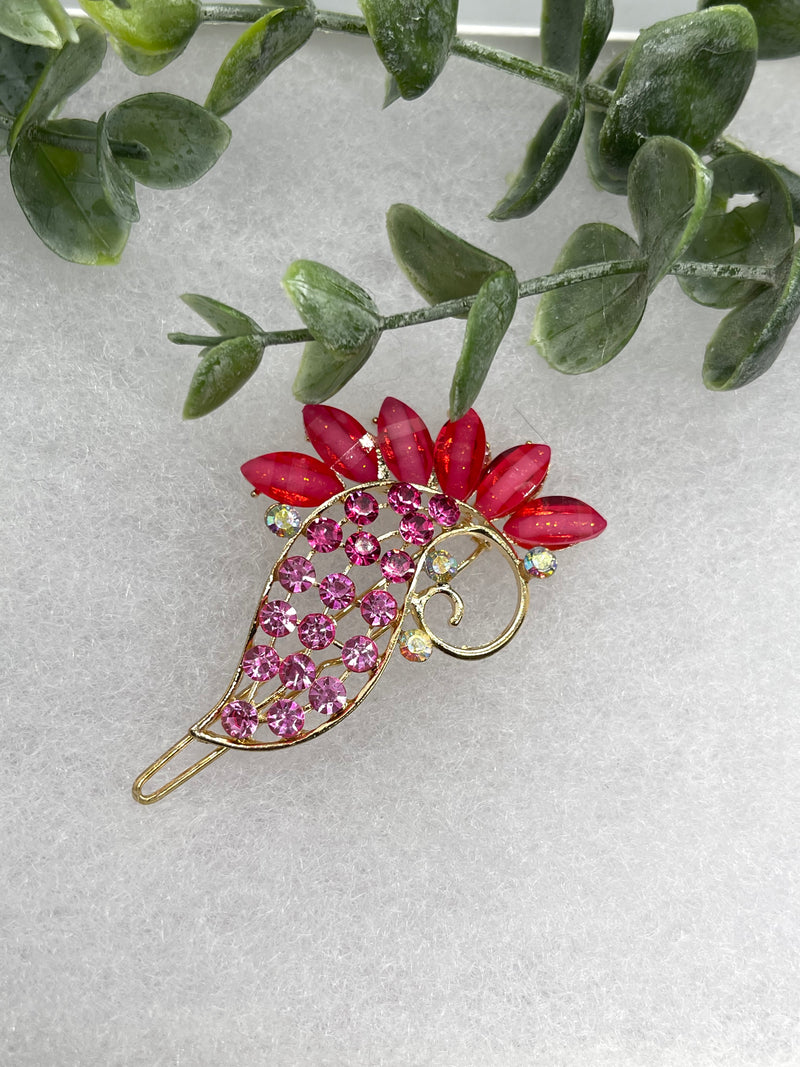 Red with pink Crystal Rhinestone peacock hair clip approximately 3.0”Metal gold tone formal hair accessory gift wedding bridal engagement