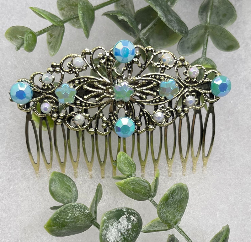 Blue Vintage Style Crystal Rhinestone 3.5” antique tone Metal side Comb bridal accessories