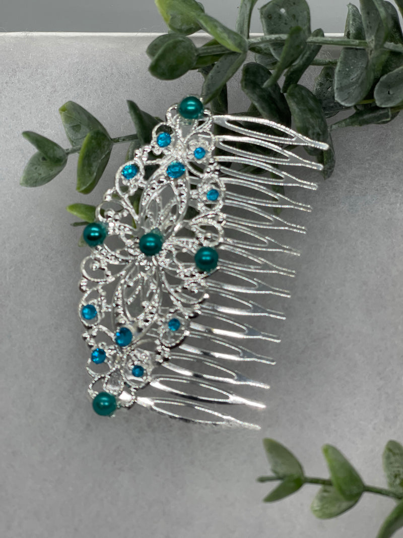 Green Teal crystal rhinestone pearls vintage style gold  side comb hair accessory accessories gift birthday 3.5” Metal side Comb