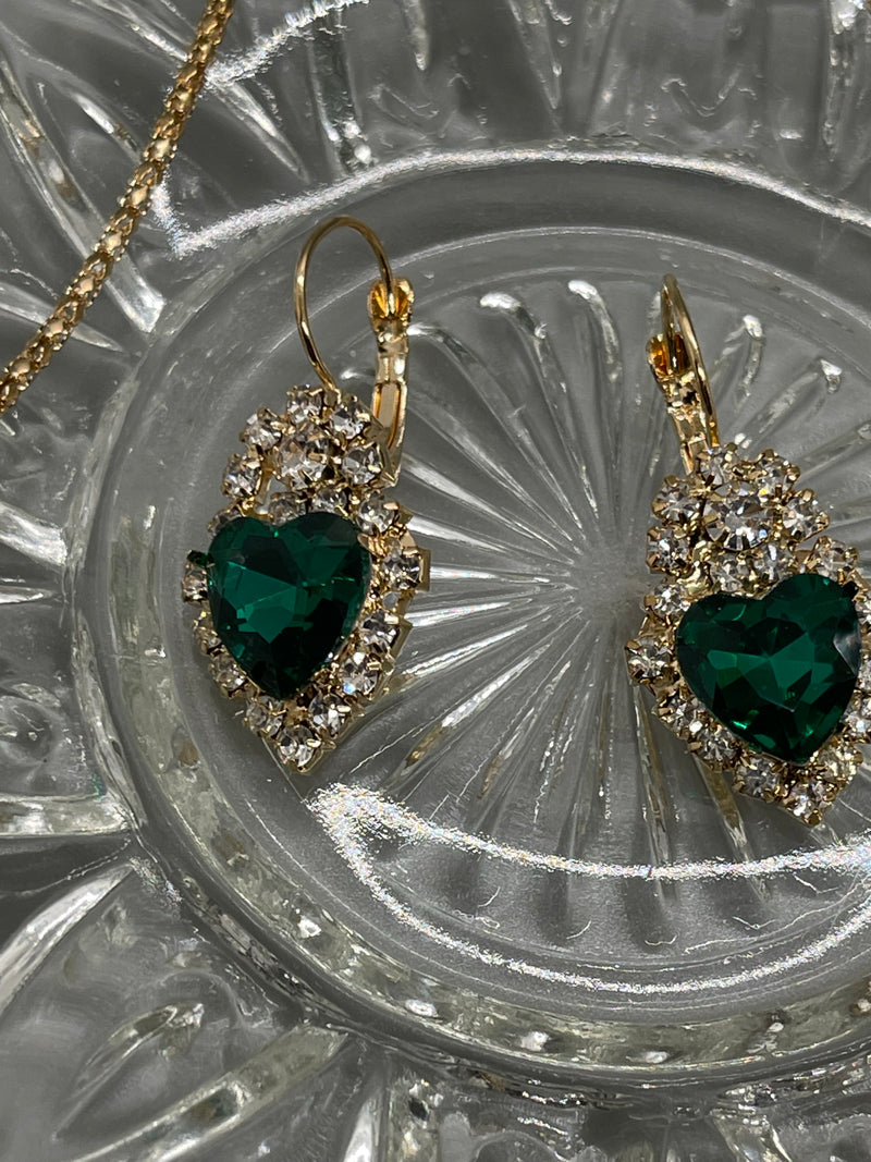 Emerald Crystal Jewelry Sets finger ring earring necklace Crystal Heart 3 pieces formal princess accessory accessories