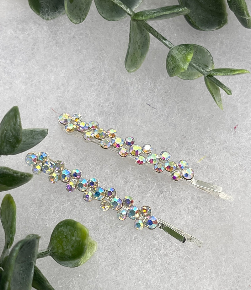 Iridescent Crystal Rhinestone Bobby pin hair pins set approximately 2.0”  silver tone formal hair accessory gift wedding bridal Hair accessory