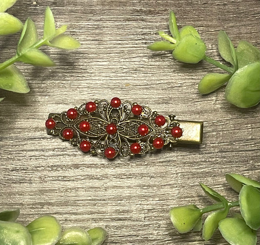 Red faux Pearl antique style hair alligator clip approximately 2.5” long Handmade hair accessory bridal wedding