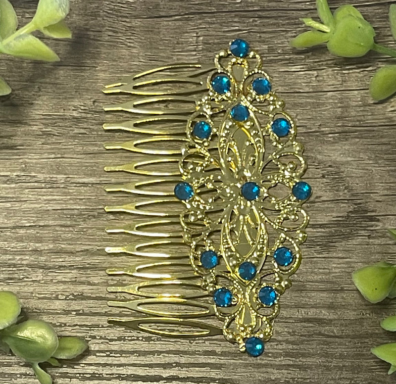 Sapphire teal crystal rhinestone Comb on 3.5” Gold Metal Hair Comb accessory Handmade Retro Bridal Party Prom