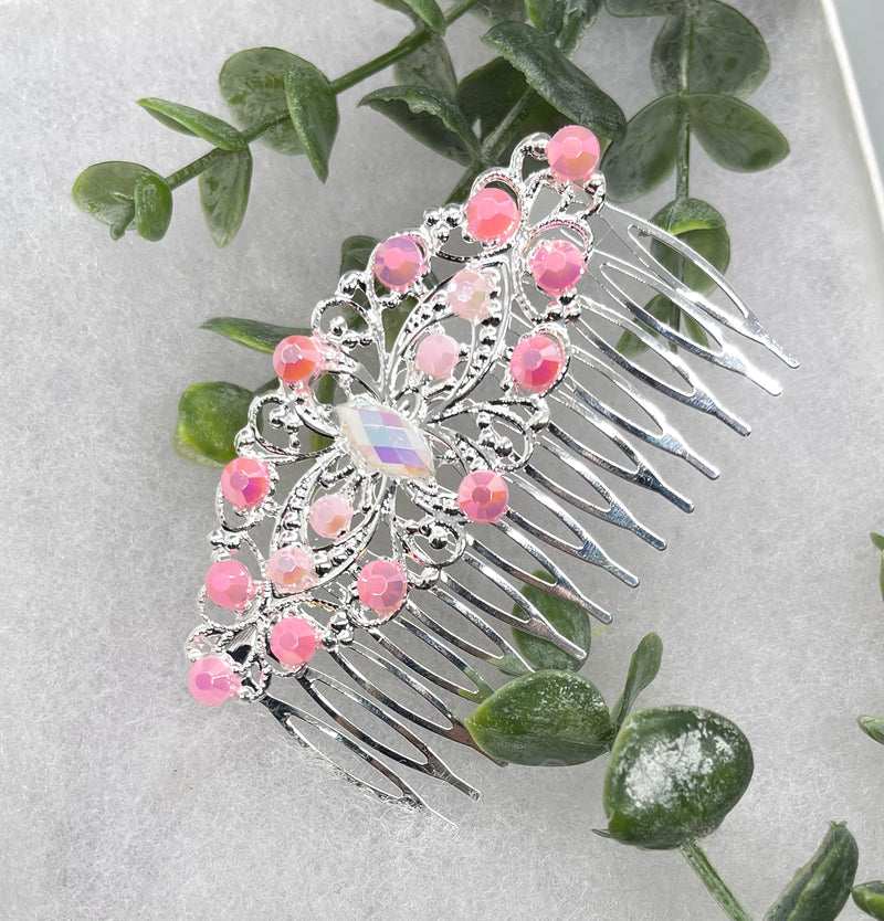 Pink iridescent pearl Vintage Style Crystal Rhinestone 3.5” antique tone Metal side Comb bridal accessories