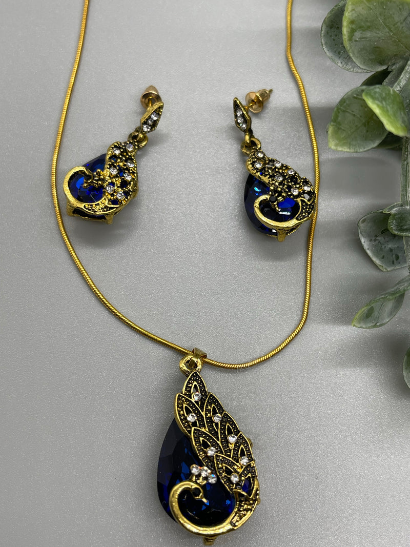 Royal blue Crystal peacock necklace earrings set