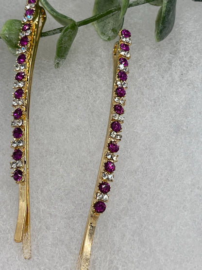 Purple crystal rhinestone approximately 3.5” large gold tone hair pins 2 pc set wedding bridal shower engagement formal princess accessory accessories