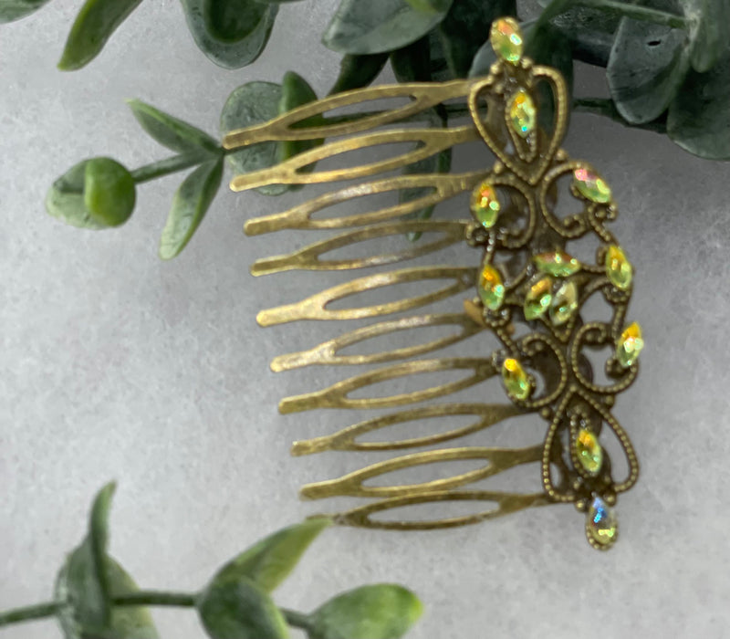 Yellow iridescent crystal vintage style antique hair accessories gift birthday event formal bridesmaid  2.5” Metal side Comb