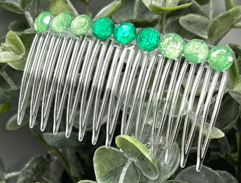 Green faux crystal side comb approximately 3.5” long plastic hair accessory bridal wedding Retro