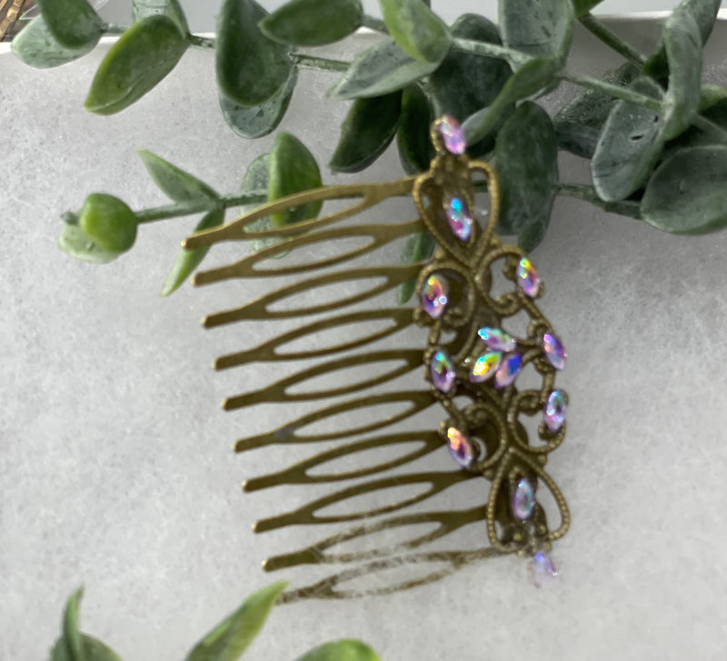 Lavender iridescent gel crystal vintage style antique hair accessories gift birthday event formal bridesmaid  2.5” Metal side Comb