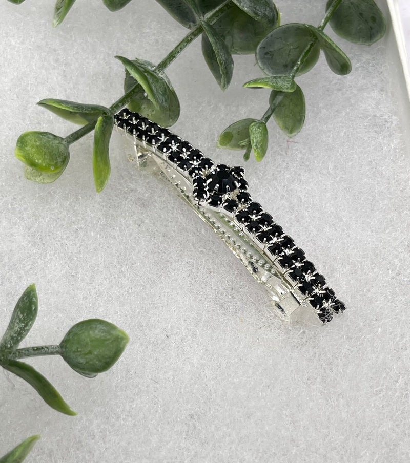 Black Crystal Rhinestone  barrette approximately 3.0” silver tone formal hair accessory gift wedding bridal Hair accessory