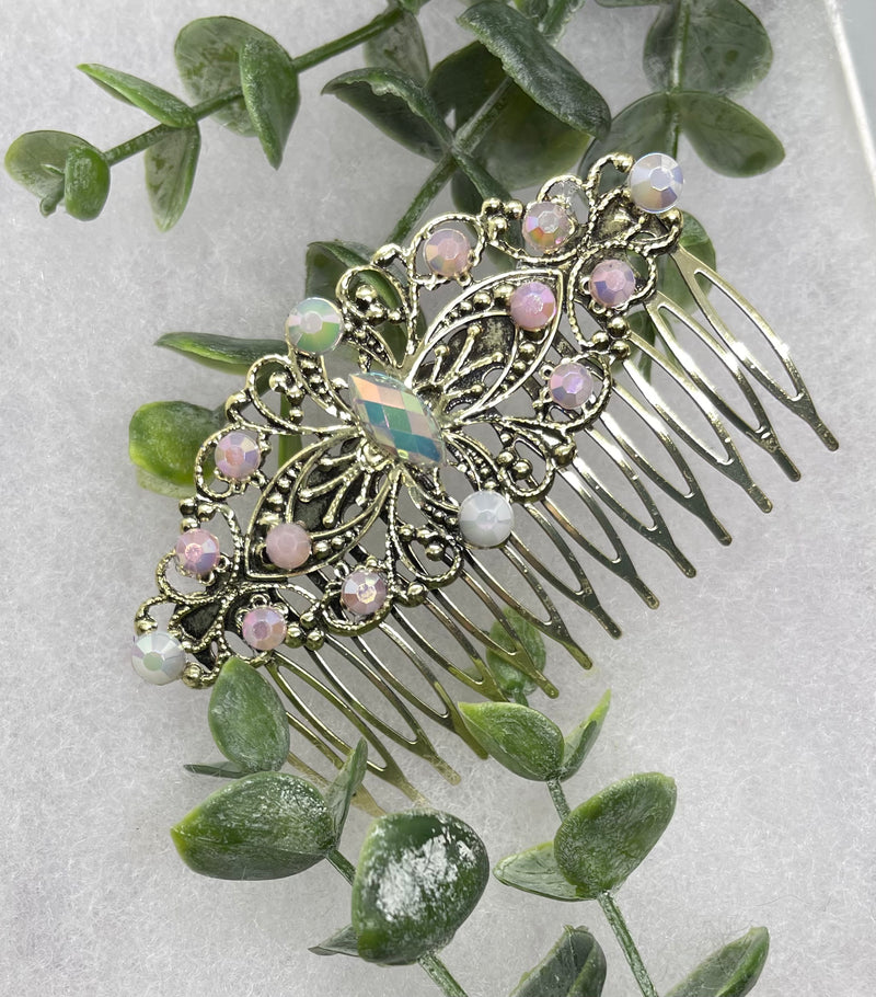 Baby pink iridescent pearl Vintage Style Crystal Rhinestone 3.5” antique tone Metal side Comb bridal accessories