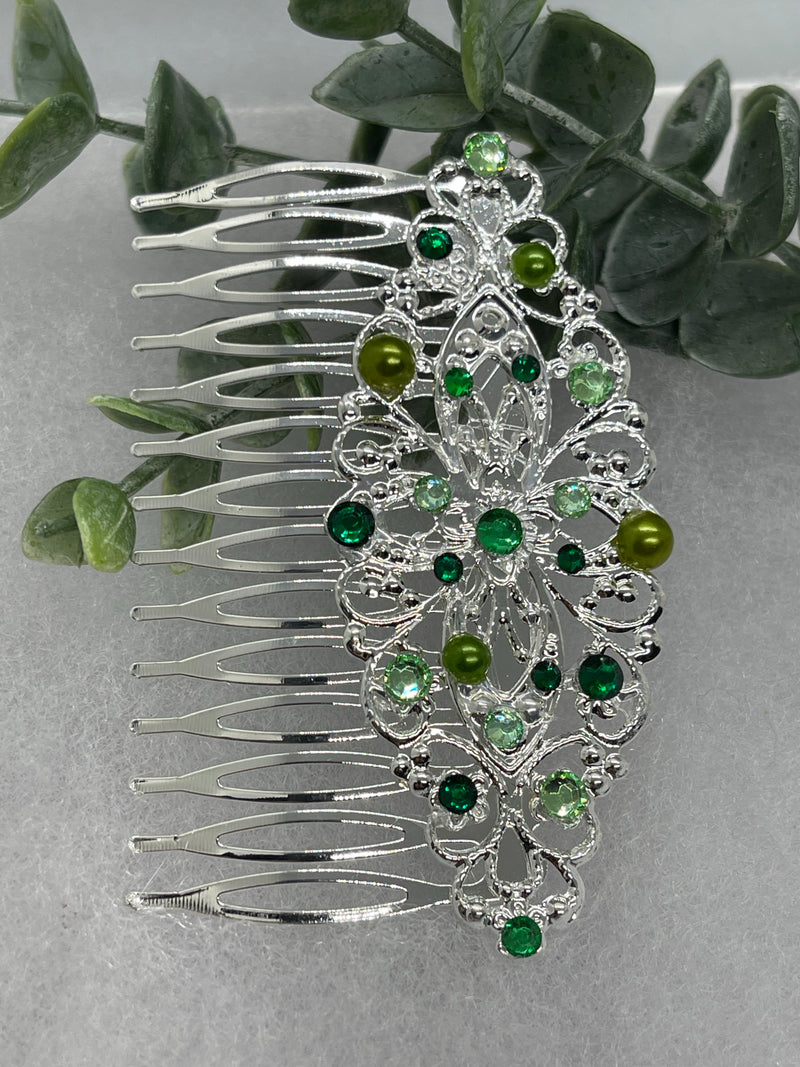 Green multi crystal rhinestone 3.5” side Comb Antique vintage style bridal Wedding shower sweet 16 birthday princess bridesmaid hair accessory