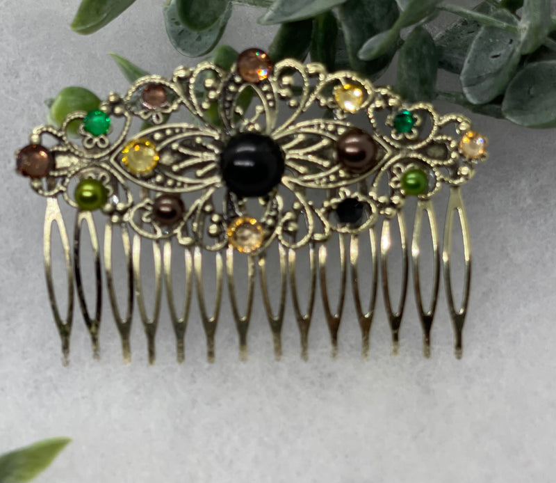 Camouflage crystal rhinestone pearl vintage style antique  hair accessories gift birthday event formal bridesmaid  3.5” Metal side Comb